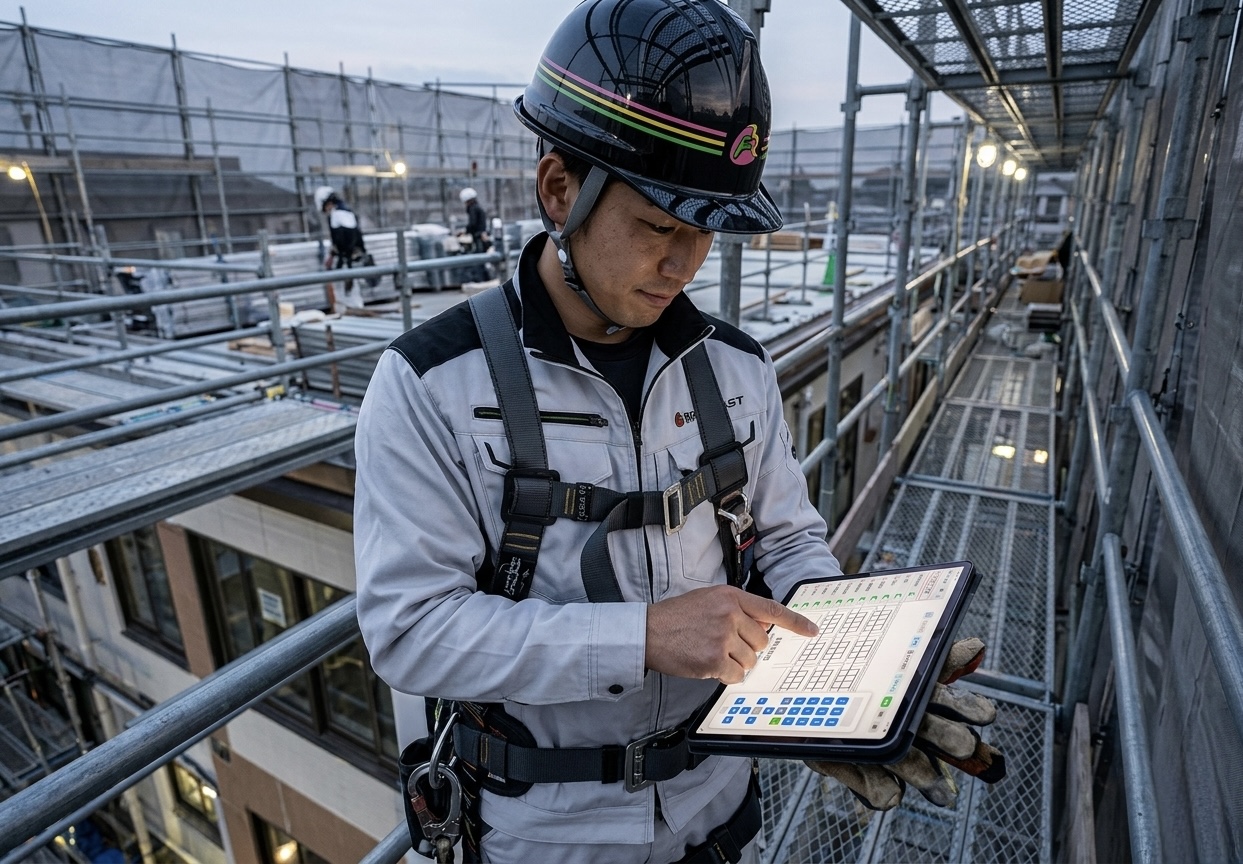 大規模修繕の現場でFAR-Padを使い下地補修図面をタブレットで記録する作業員